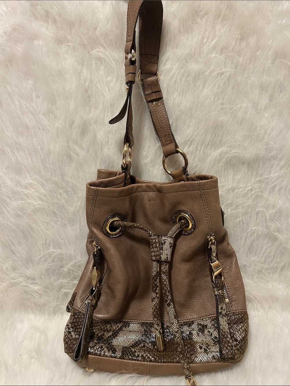 B. Makowsky Brown Drawstring Bucket Bag with Snake-Print Trim